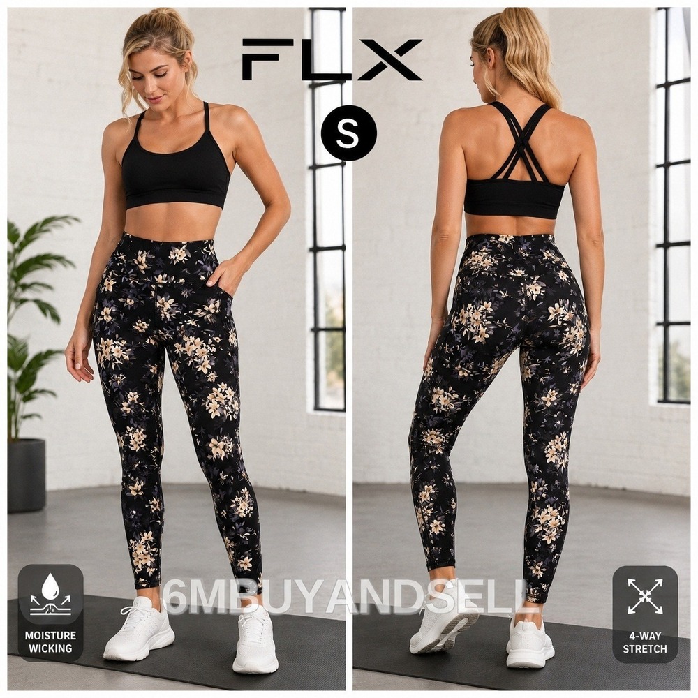 FLX Womens Floral High Rise Pocket Leggings Black Small Activewear Yoga Pants